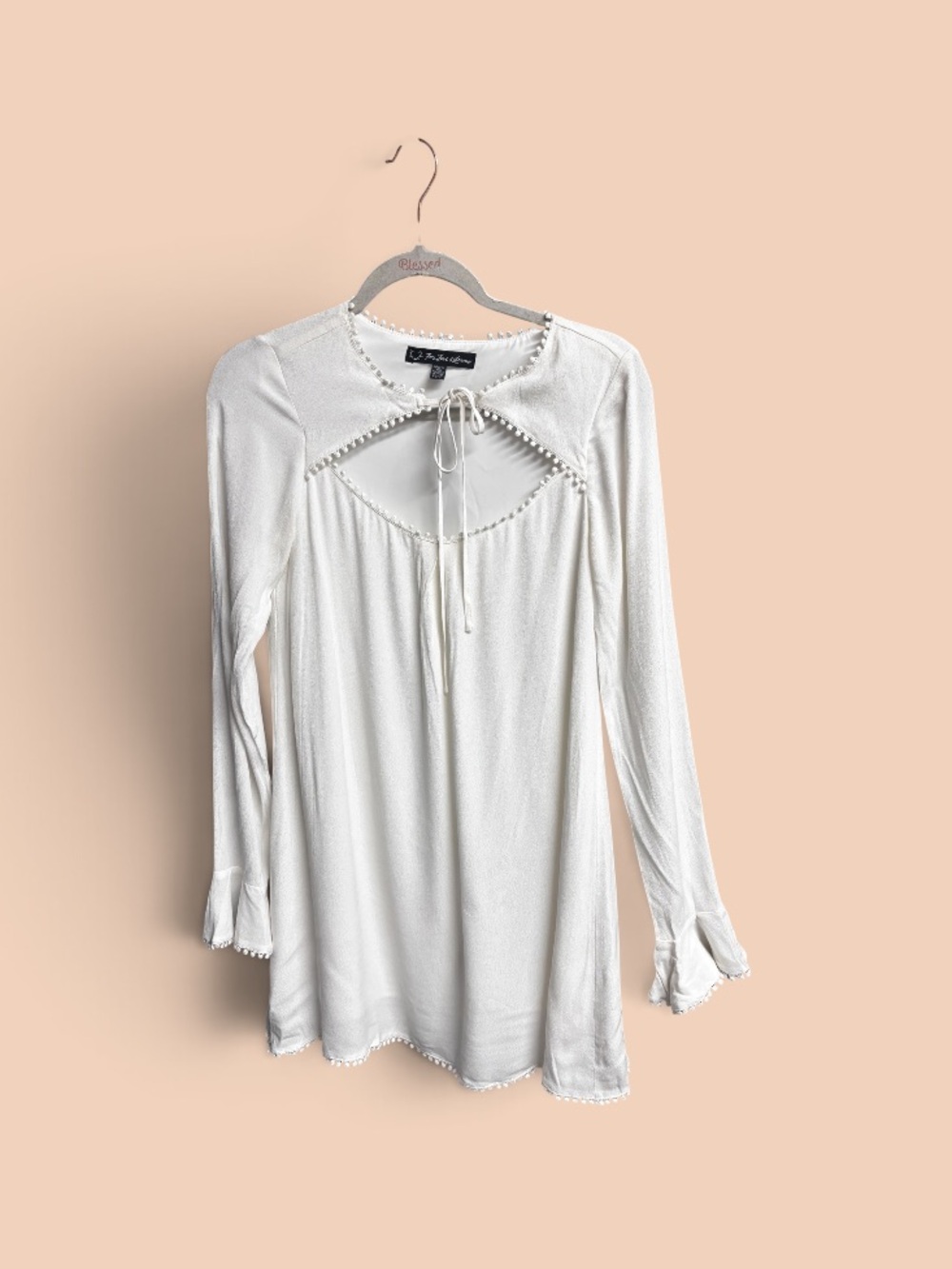 For Love & Lemons Ivory Boho Bell Sleeve Keyhole Mini Dress XS Lined Romantic - Picture 3 of 9